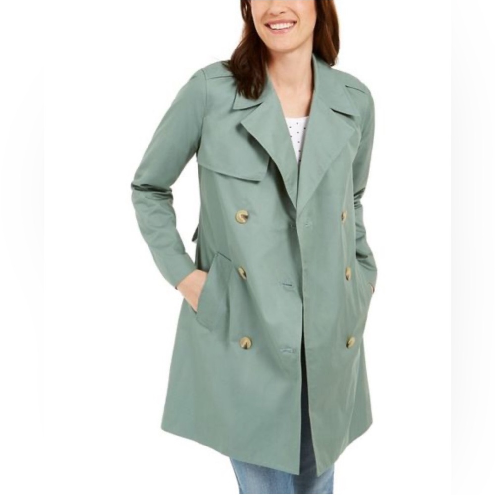Charter Club Sage Green Double Breasted Mid-Length Belted Trench Coat.